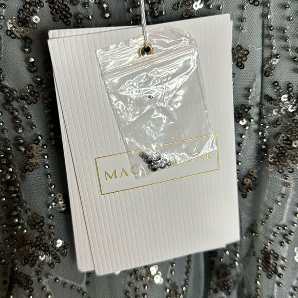 Mac Duggal EMBELLISHED V NECK LONG SLEEVE A LINE GOWN in platinum blue size 12 - Picture 15 of 16